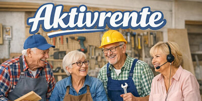 Vier Senioren in verschiedener Arbeitskleidung unter der Überschrift Aktivrente - mit KI generiert